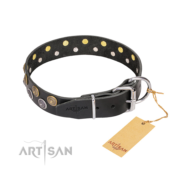 Daily use natural genuine leather collar with adornments for your dog