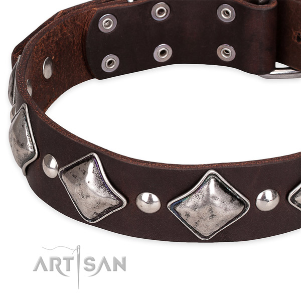 Easy to put on/off leather dog collar with almost unbreakable durable hardware
