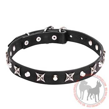 Leather Dog Collar with Pyramids and Stars Design