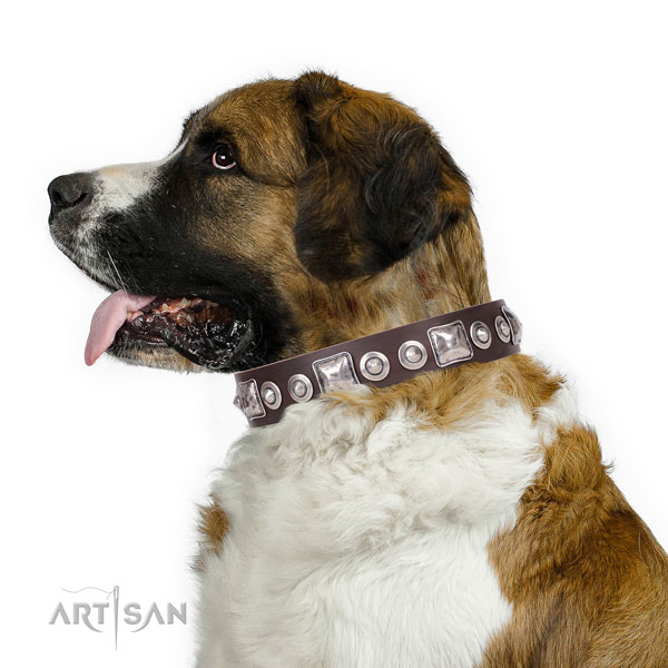 Exquisite decorated natural leather dog collar for comfortable wearing