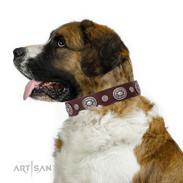 Rust-proof buckle and D-ring on genuine leather dog collar for walking in style