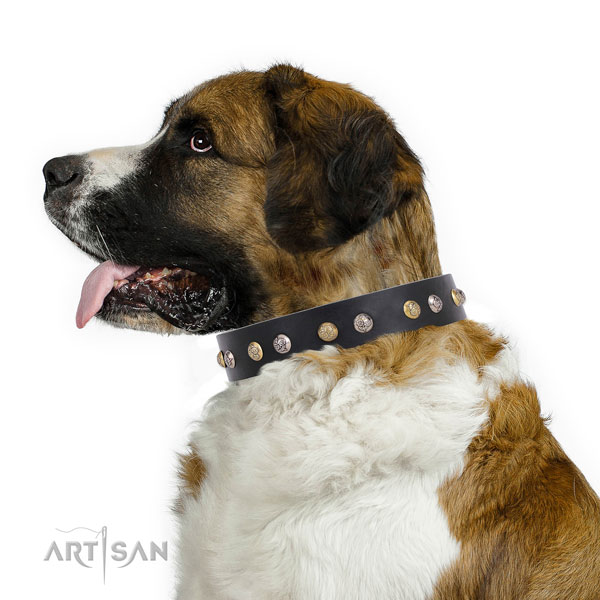 Natural leather dog collar with corrosion proof buckle and D-ring for comfy wearing