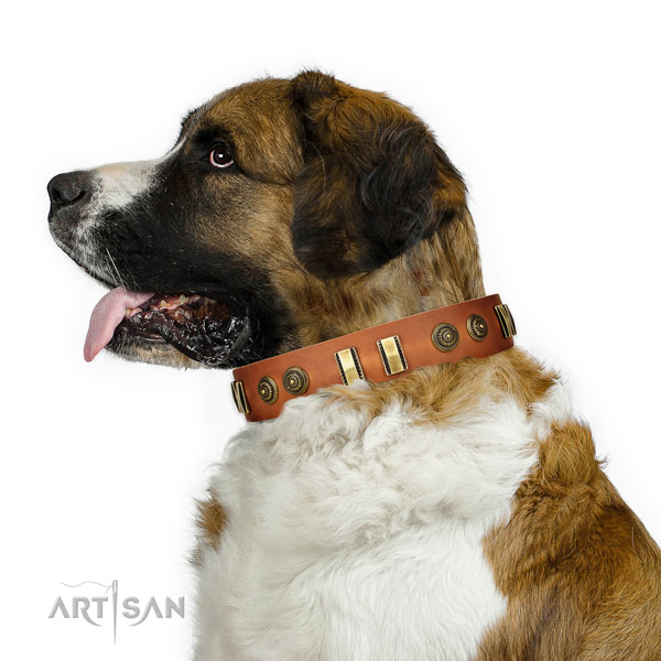 Corrosion resistant hardware on natural leather dog collar for handy use