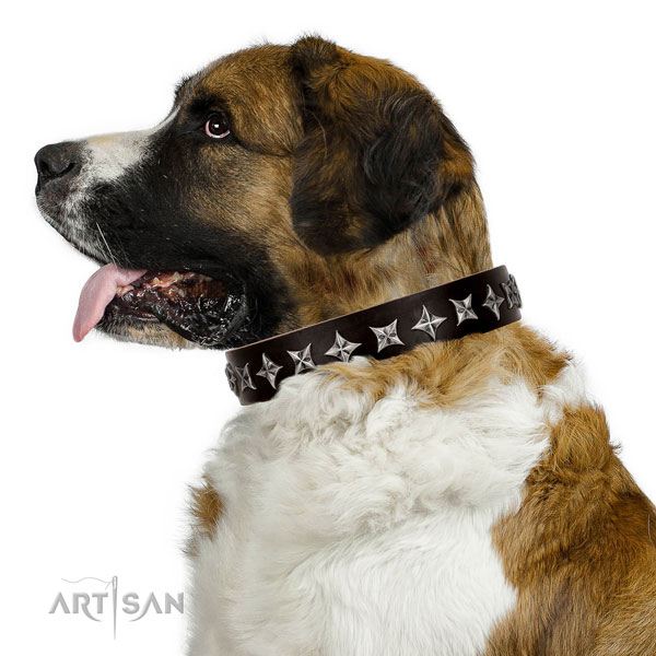 Comfortable wearing adorned dog collar of fine quality natural leather