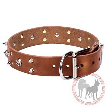Tan Leather Dog Collar with Nickel-plated Decoration