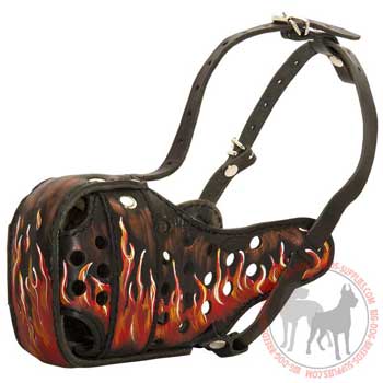 Dog Leather Muzzle with Bright Red Flames