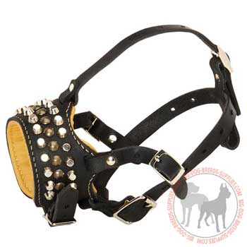 Leather muzzle for dogs with cones and studs